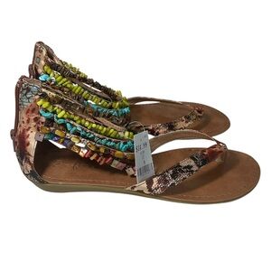 Boho Beaded Thong Sandals Womens Size 10 M Z-Florence Ankle Zip Tribal Gems
